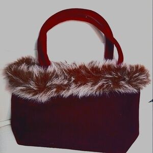 Red velvet faux fur holiday bag